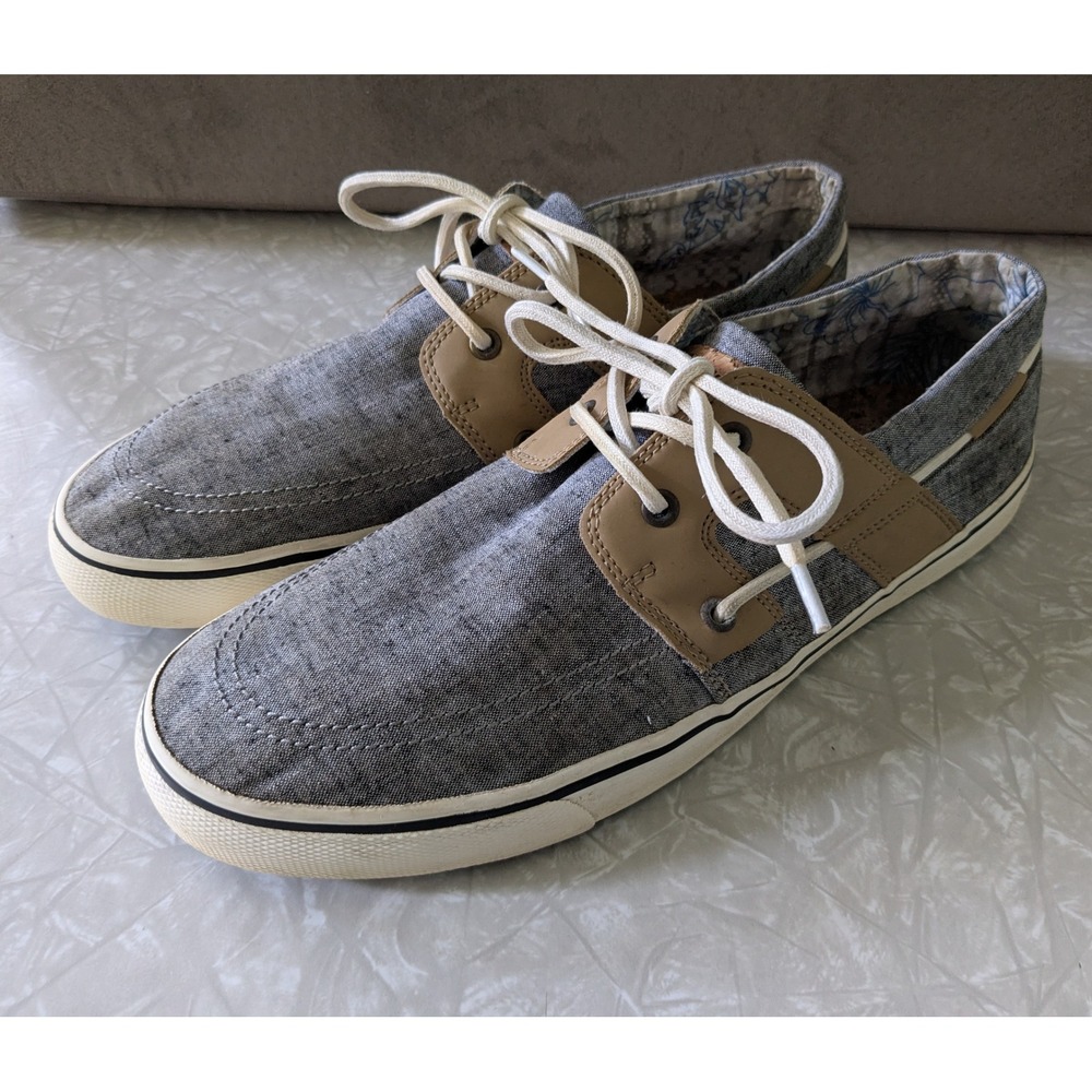 Tommy Bahama Mens Blue Grey Canvas Boat Shoes Loafers Size 11.5D Cork Footbed
